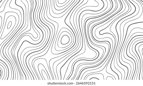 Linhas de vetor de mapa topográfico em preto e branco em um plano de fundo branco limpo. Padrão de contorno abstrato para ilustração geográfica ou científica.