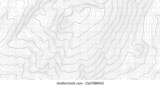 Black White Topography Contour Outline Map With Relief Elevation Vector Abstract Background. Topographic Geography Wallpaper. Vintage Cartographic Art Old Geographic Territory Treasure Hunt Adventure