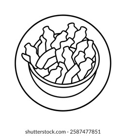 Black and white top-view illustration of a chicken fry plate. Perfect for menus, prints, and decor.