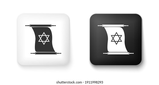 Icono de desplazamiento de Torah blanco y negro aislado en fondo blanco. Torá judía en forma expandida. Libro de Torah. Símbolo de la estrella de David. Desplazamiento simple de pergamino antiguo. Botón cuadrado. Vector.