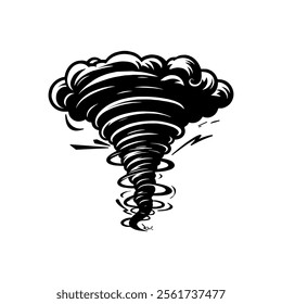 Black and white tornado illustration swirling with dynamic movement and energy