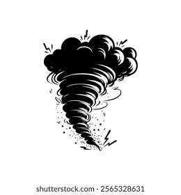 Black and white tornado illustration swirling with dynamic movement and energy