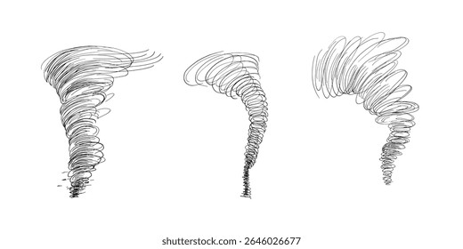 Black and white tornado outline vector sketch in energetic pen strokes. Abstract ink art of swirling wind motion in hurricane for logos, posters and sci fi themes. Spiral minimalist line illustration.