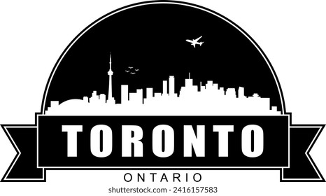 Black and white Toronto Ontario Canada city buildings skyline negative air space silhouette dome shaped emblem with scroll banner below and name text inside. Vector eps graphic design.