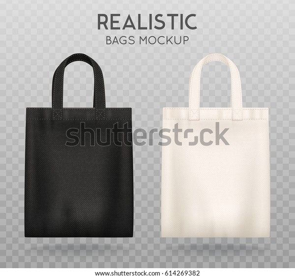 Black and white tote shopping bags realistic corporate\
identity mock-up items template transparent background vector\
illustration 