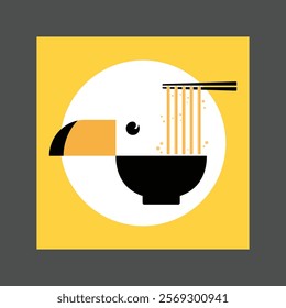 A black and white toucan bird with a large beak in a minimalist geometric design against a yellow background