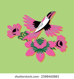 Black and white toucan with pink detailed wing and flowers with pink details, green background. Vector for silkscreen, dtg, dtf, t-shirts, signs, banners, Subimation Jobs or for any application.