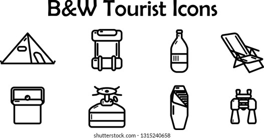 Black and White Tourist Equipment Flat icons of binoculars, burner, sleeping bag, pan, seat, bottle, backpack and tent. Eps10 vector background illustration