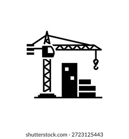 Icono de construcción de grúa de torre en blanco y negro