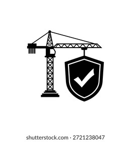 Icono blanco y negro de la grúa de la torre con el escudo y el símbolo de la marca de verificación