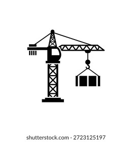 Black and white tower crane icon lifting rectangular construction load