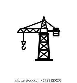 Black and white tower crane icon with bold structure and vertical tower