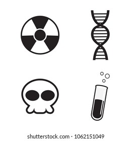 black and white toxic sign, DNA or gene sign, skull, chemical tube object on white background, vector illustration