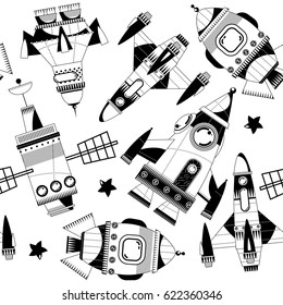 Black and white toy space rockets. Seamless background pattern. Vector illustration.