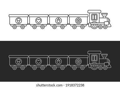 Black And White Toy Train. Set Of Outline Vector Illustrations