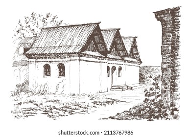 Black and white trace of hand drawn Ink and pen architecture sketch of an ancient historical building. Monastery cells house 