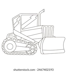 Black and white track-type tractor or bulldozer removing something, heavy equipment machine, snowplowing vehicle ifor coloring book or icon design