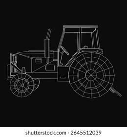 Uma ilustração em preto e branco com detalhes intrincados, com rodas grandes e um táxi proeminente. O trator branco forte contrasta fortemente com o fundo preto, enfatizando seu negrito.