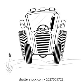 Black and white tractor profile in the field. A funny drawing. Spring work or harvesting. White background.