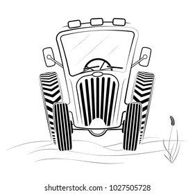 Black and white tractor profile in the field. A funny drawing. Spring work or harvesting. White background.