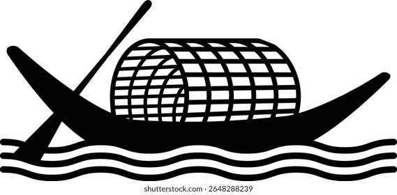 Black and white traditional boat with bamboo cover, rural river craft line art illustration