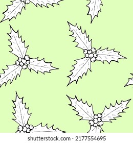 Black and white traditional Christmas Holly berry plant vector seamless pattern on light green background