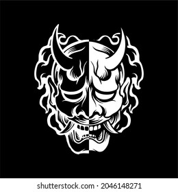 Black And White Traditional Japanese Oni Mask Tattoo T-shirt Lifestyle Design Branding Identity Illustration