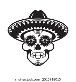 Black and White Traditional Mexican Day of the Dead Skull Illustration, Hand Drawn Mexican Skull Illustration for Creative Projects 