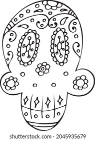 Black and White Traditional Mexican Hand Drawn Skull. Dia De Muertos Holiday Symbol In Sketch Style. Coloring Page,