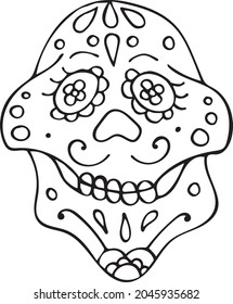 Black and White Traditional Mexican Hand Drawn Skull. Dia De Muertos Holiday Symbol In Sketch Style. Coloring Page,