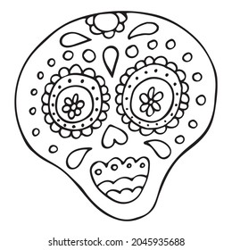 Black and White Traditional Mexican Hand Drawn Skull. Dia De Muertos Holiday Symbol In Sketch Style. Coloring Page,