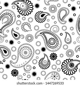 Black and white traditional oriental paisley floral seamless pattern, vector background