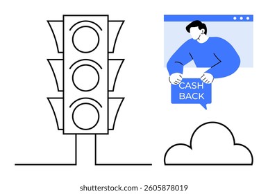 Black and white traffic light with colored circles beside a person holding a cash back sign from a web window. Ideal for finance, technology, driving safety, web design, and advertising