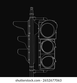 A black and white traffic light stands out against a dark background, featuring three distinct circular signals. The minimalist drawing emphasizes clean lines and high contrast.