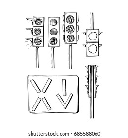 Black and white traffic lights icons collection. Vector sketch doodle illustration.