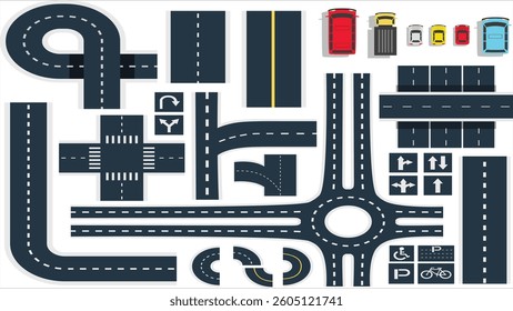 Black white traffic roads intersections elements top view with signboards and colorful vehicles icons set vector illustration. cartoon background.