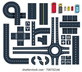 Las intersecciones de las carreteras blancas negras elementos de vista superior con carteles e iconos de vehículos coloridos conjunto ilustración vectorial