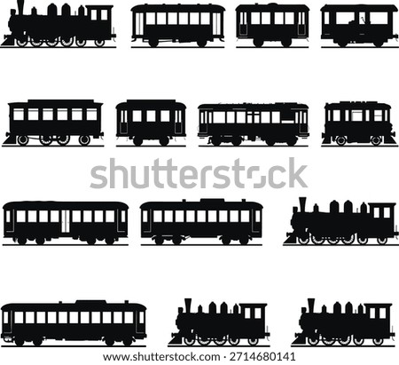 Black and white train and carriage silhouettes on white background