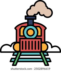 A black and white train with a steam engine. The train is on a track and has a cloud in the background