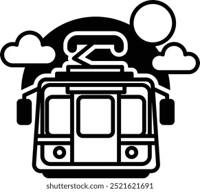A black and white train with a sun in the background. The train is on a track and is surrounded by clouds