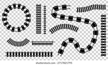 Black and white train tracks in various shapes and sizes on transparent background