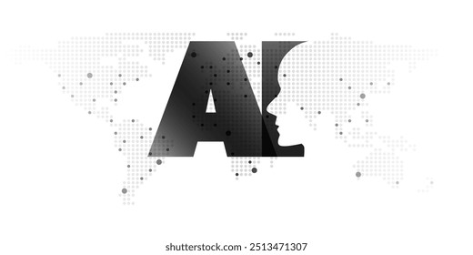 Schwarz-Weiß Transparentes Machine Learning, Künstliche Intelligenz, Cloud Computing und Networks Design Concept mit gepunkteter Weltkarte, Robotergesicht, KI-Banner - Vektor einzeln auf weißem Hintergrund