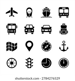 Black and White Transport and Navigation Icons Featuring Various Vehicles and Directional Symbols