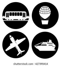Black and white transport vehicle vector illustration, white silhouette of airplane, air balloon, cruise liner ship, train car, summer travel vehicle icons, summer travel vehicle logo, vehicle pattern