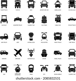 Black and white Transportation vehicles flat vector icon collection set