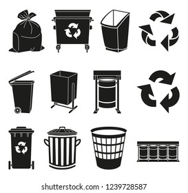 Black and white trash element silhouette collection. Garbage bins and bags. Waste disposal themed vector illustration for icon, logo, stamp, label, emblem, certificate, leaflet or banner decoration