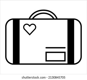 Black and white travel bag icon. Traveling bag with heart icon illustration with black thin outline. Vector simple illustration.