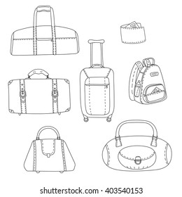 Black and white travel bags linear drawings set, vector