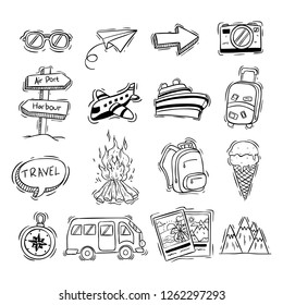 black and white travel icons collection with doodle style