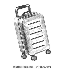 Black and white travel suitcase on wheels. Sketch style travel bag. Engraved illustration of travel luggage. Hand drawn carry-on suitcase